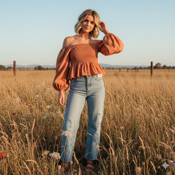 La Hearts Tops - LA Hearts Smocked Square Neck Peplum Top Orange S Shirred Cotton boho cottage